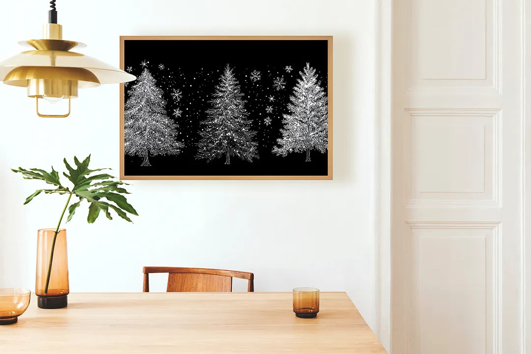 Metall Magnetboard mit hochwertigem Drei weiße Tannenbäume schwarz Design