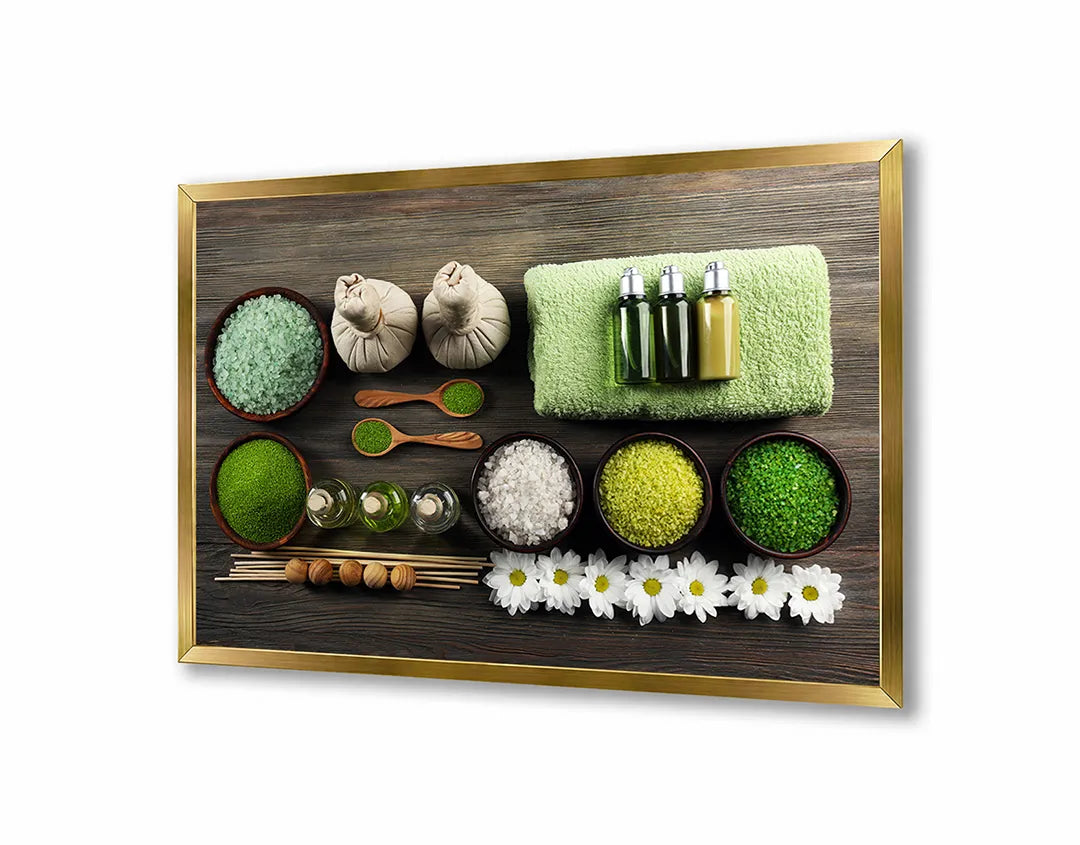 Metall Magnetboard mit hochwertigem Spa Setting Mit Grüne Handdoeken Und Zout Design