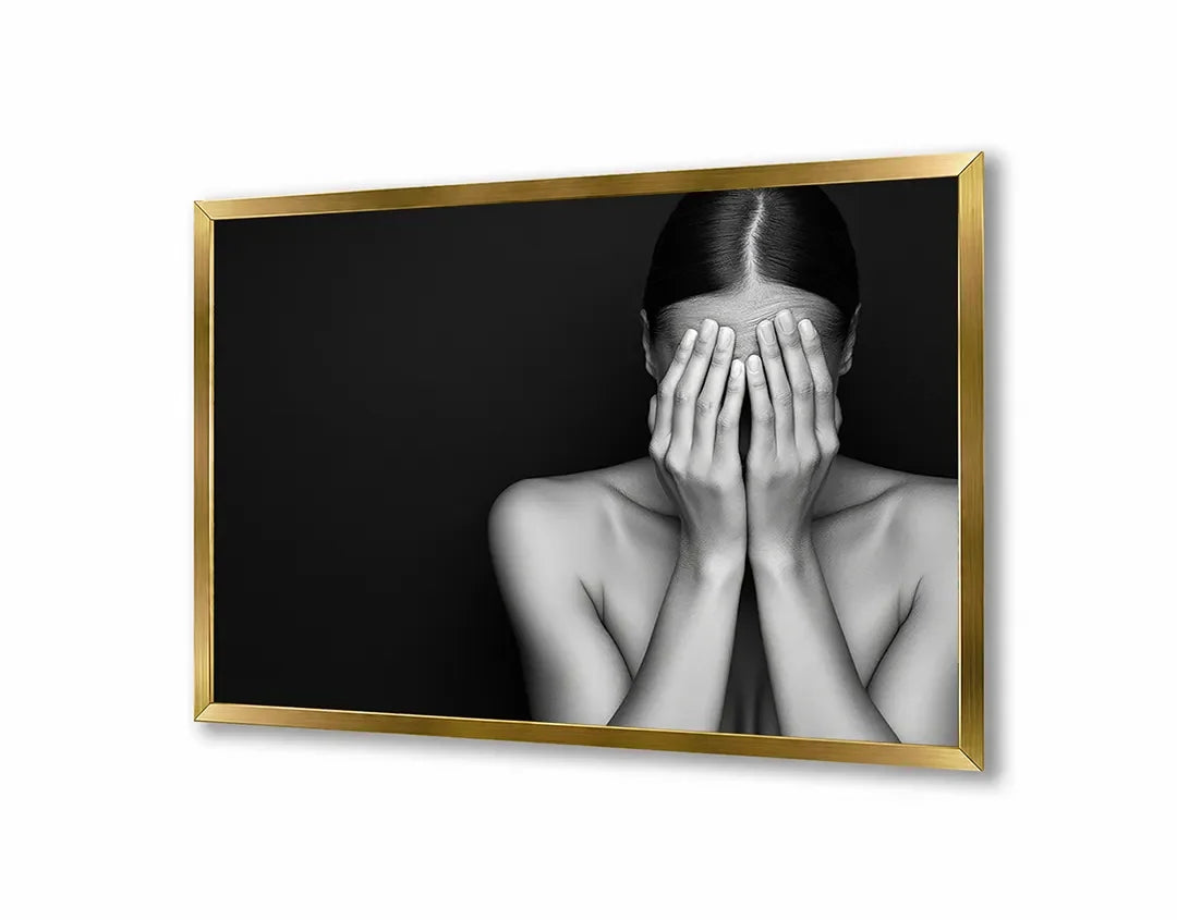 Metall Magnetboard mit hochwertigem Frau Hände vor Gesicht schwarz weiß Design