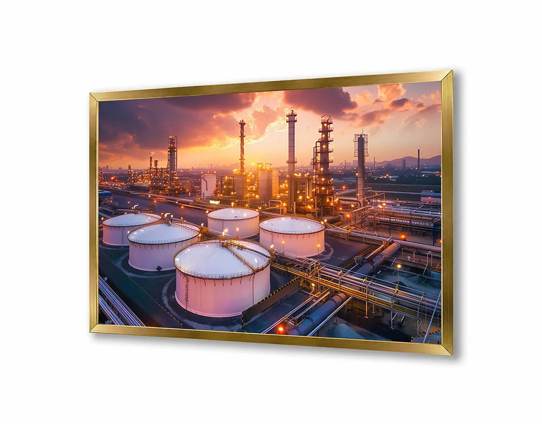 Metall Magnetboard mit hochwertigem Ölraffinerie Industrie Sonnenuntergang Design
