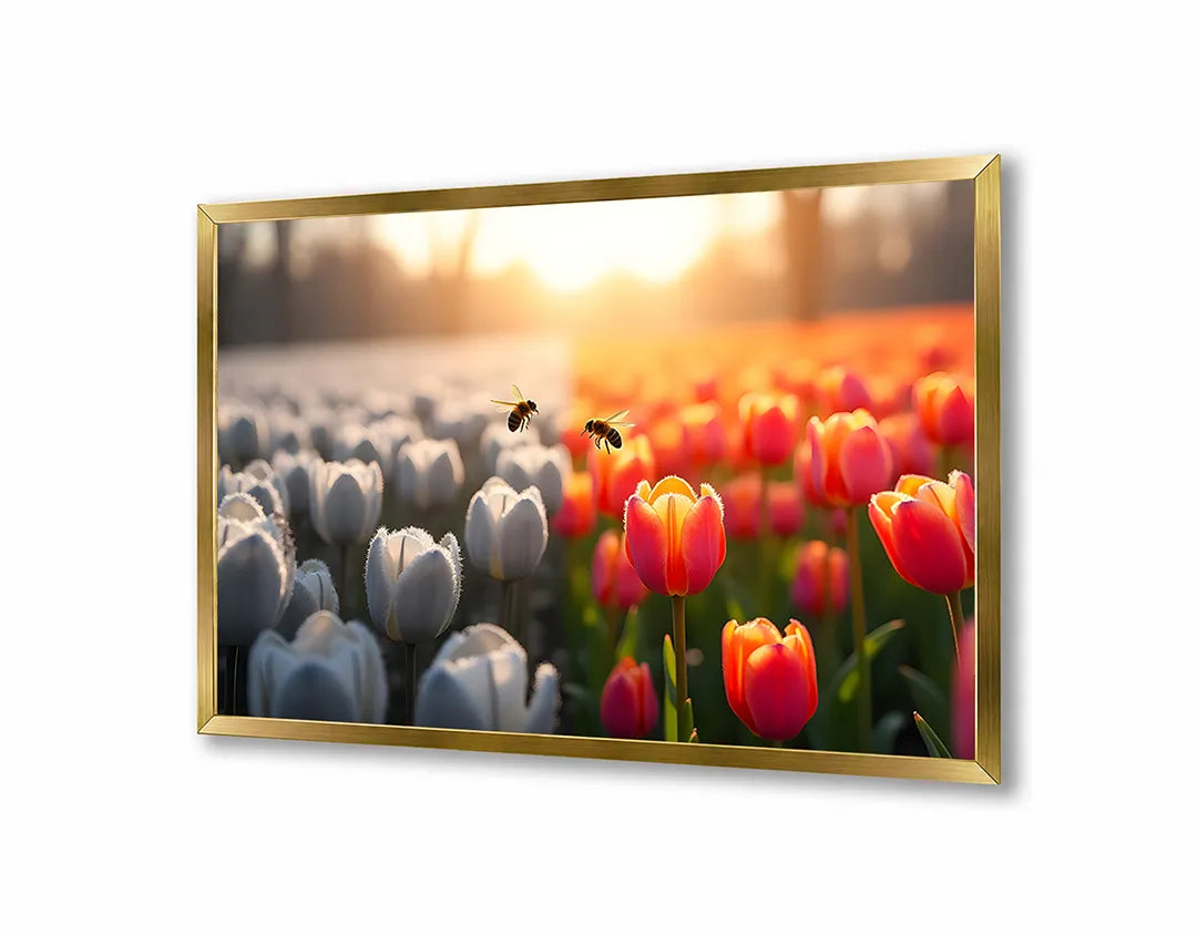 Metall Magnetboard mit hochwertigem Tulpenfeld weiß rot Sonnenuntergang Design