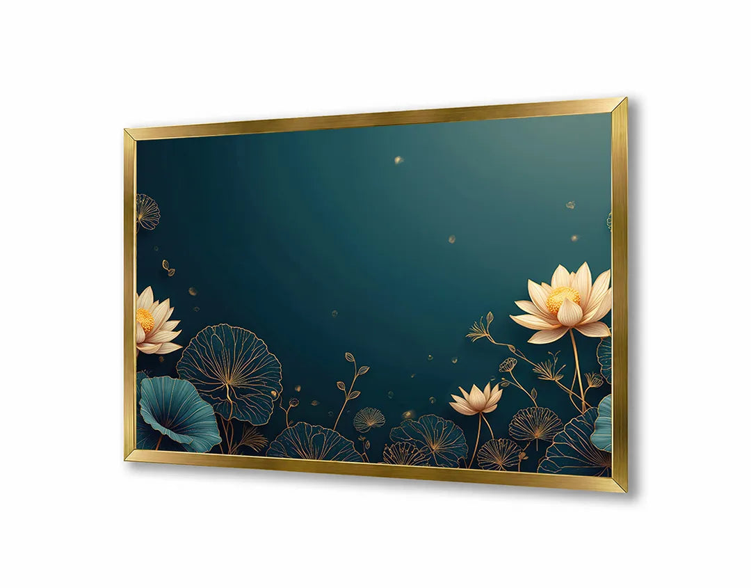Metall Magnetboard mit hochwertigem Goldene Lotusblumen blau Design