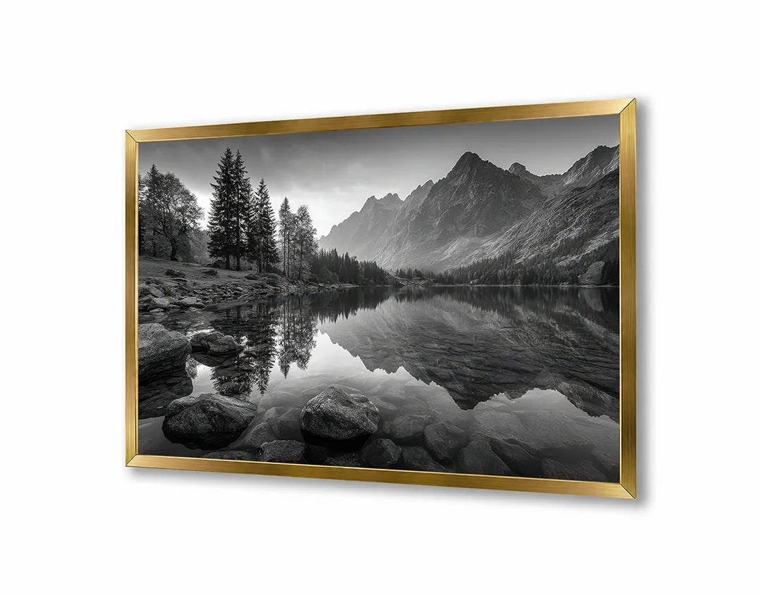 Metall Magnetboard mit hochwertigem Bergsee Spiegelung schwarz weiß Design