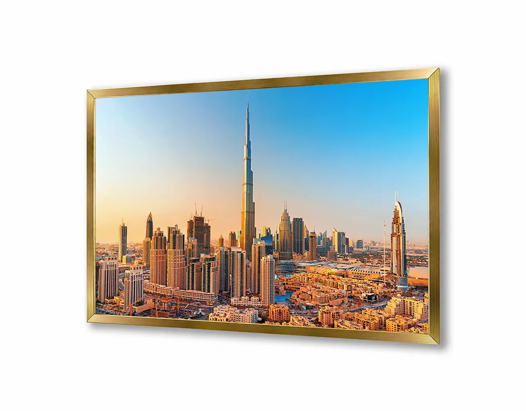 Metall Magnetboard mit hochwertigem Dubai Skyline Bei Sonnenuntergang Design