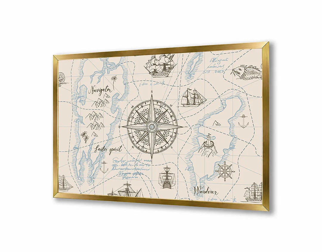 Metall Magnetboard mit hochwertigem Vintage Maritiem Kompass Mit Karte Design