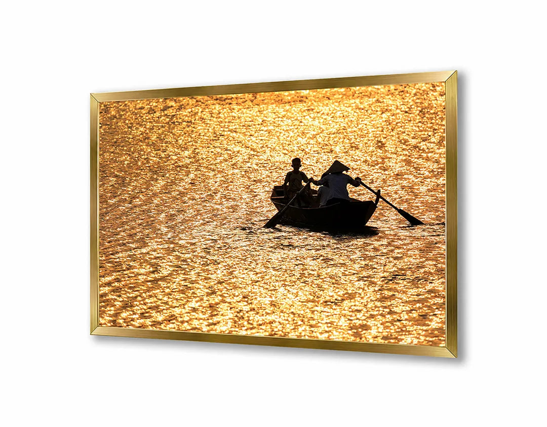 Metall Magnetboard mit hochwertigem Bootje in Goldene Sonnenuntergang Design