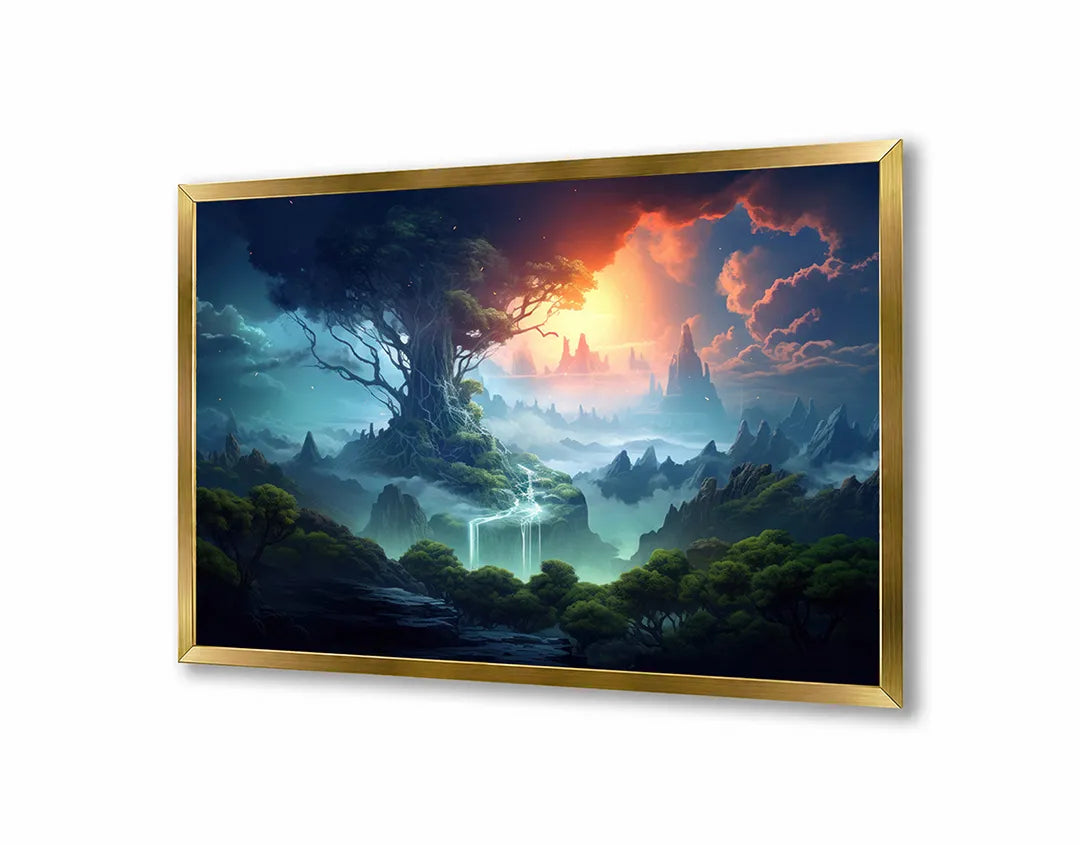 Metall Magnetboard mit hochwertigem Magisch Wald Sonnenuntergang Design