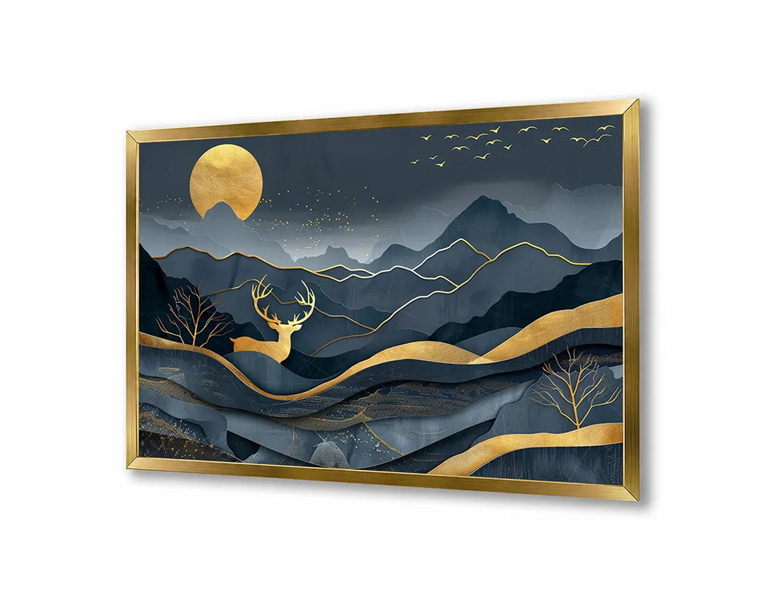 Metall Magnetboard mit hochwertigem Goldene hert in Berge donkerblauw Design