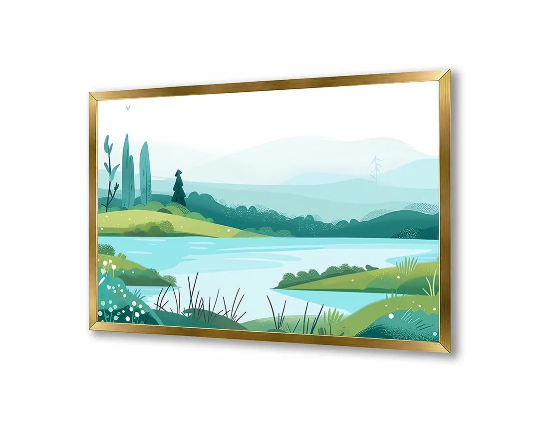 Metall Magnetboard mit hochwertigem Grün Landschaft See Illustration Design