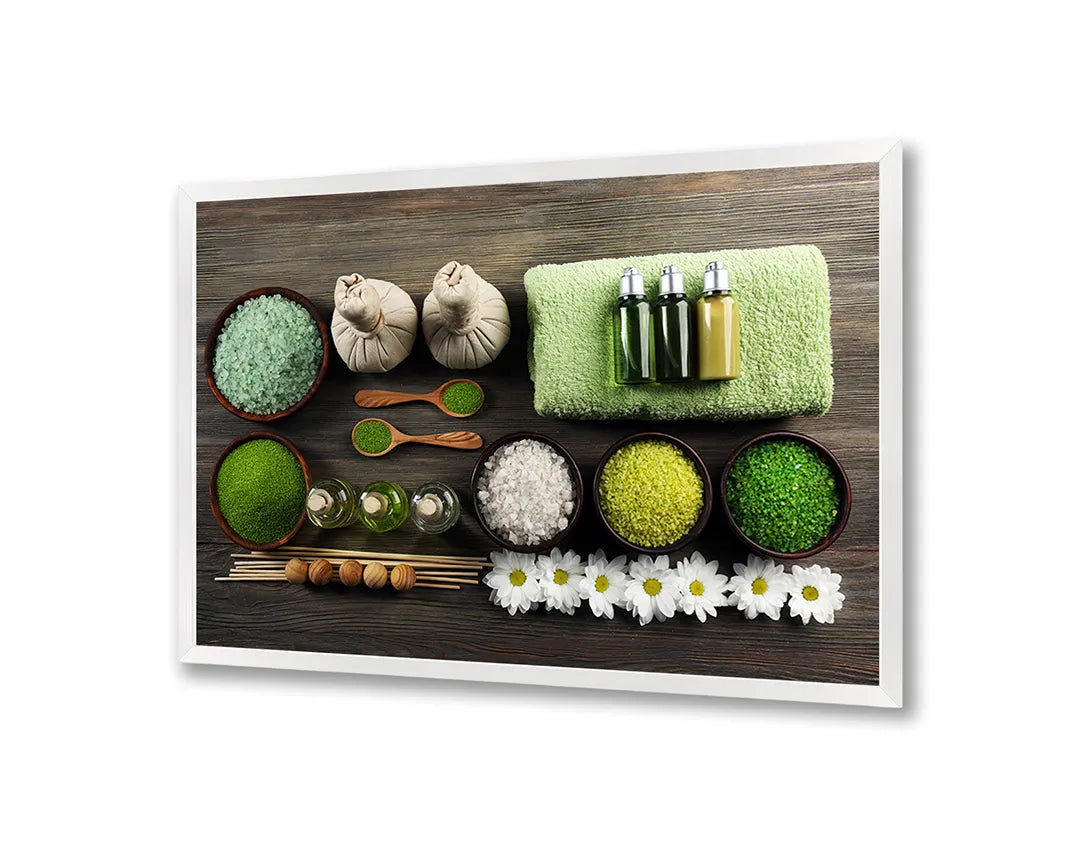 Metall Magnetboard mit hochwertigem Spa Setting Mit Grüne Handdoeken Und Zout Design