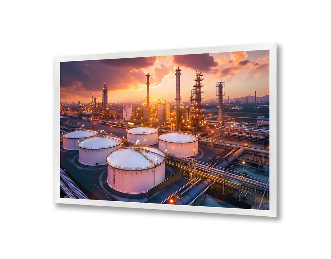 Metall Magnetboard mit hochwertigem Ölraffinerie Industrie Sonnenuntergang Design