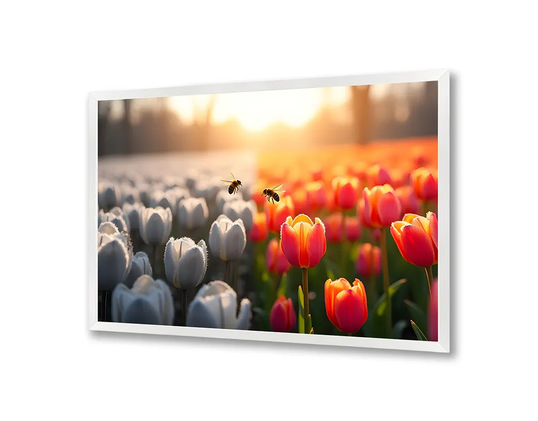 Metall Magnetboard mit hochwertigem Tulpenfeld weiß rot Sonnenuntergang Design