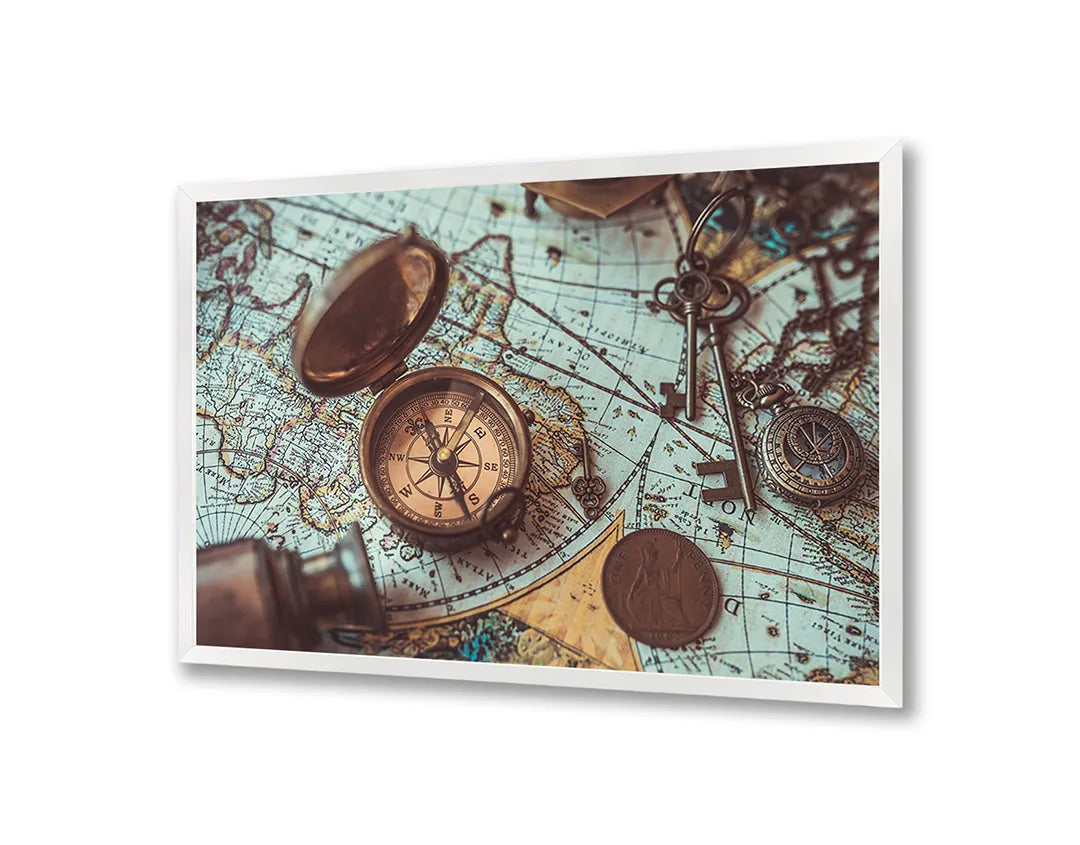 Metall Magnetboard mit hochwertigem Vintage Weltkarte Mit Alte Kompassen Design