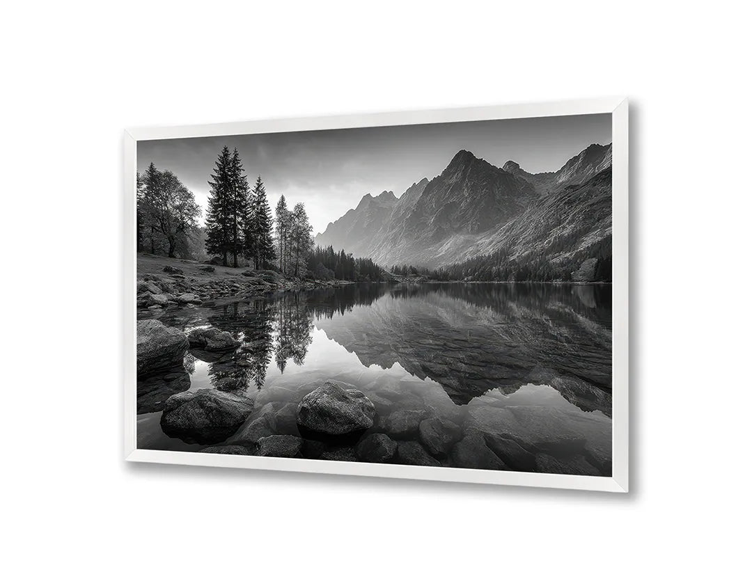 Metall Magnetboard mit hochwertigem Bergsee Spiegelung schwarz weiß Design