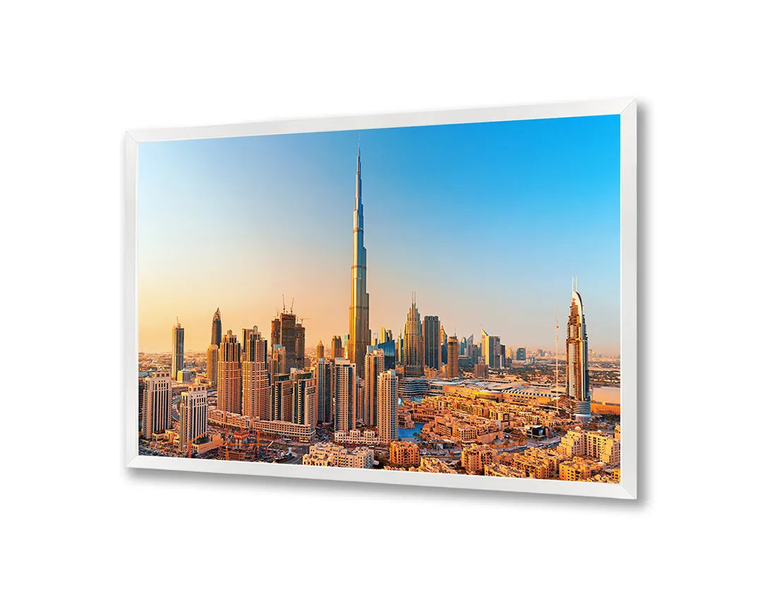 Metall Magnetboard mit hochwertigem Dubai Skyline Bei Sonnenuntergang Design