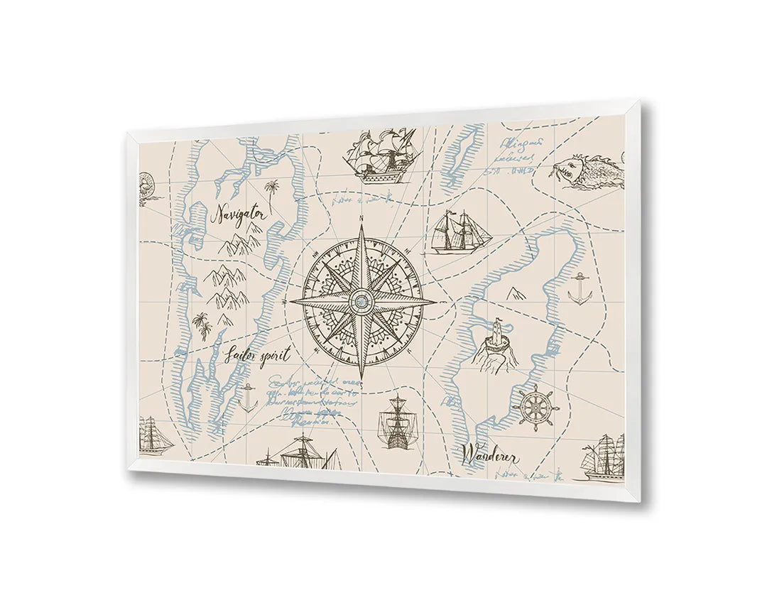 Metall Magnetboard mit hochwertigem Vintage Maritiem Kompass Mit Karte Design