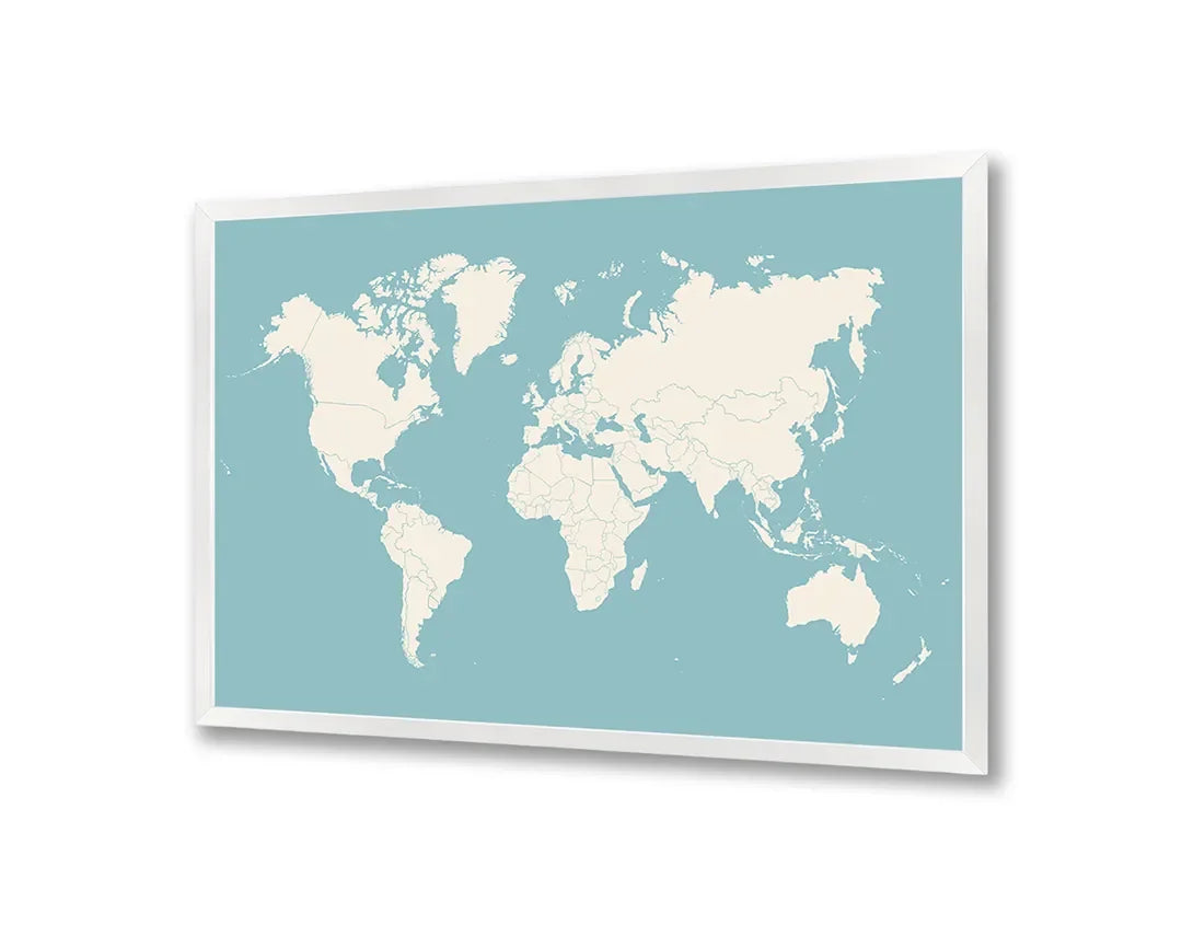 Metall Magnetboard mit hochwertigem Weltkarte Pastell blau Design