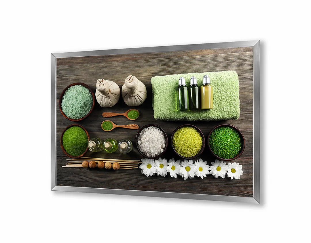 Metall Magnetboard mit hochwertigem Spa Setting Mit Grüne Handdoeken Und Zout Design
