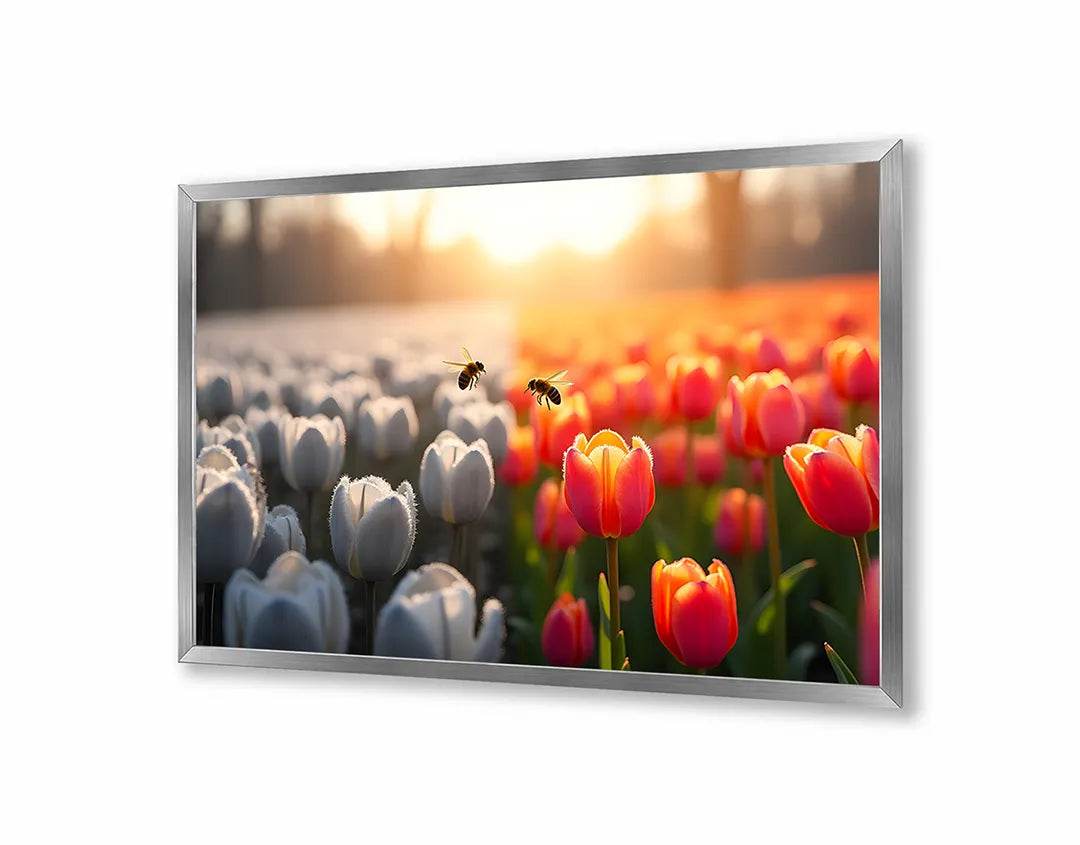 Metall Magnetboard mit hochwertigem Tulpenfeld weiß rot Sonnenuntergang Design