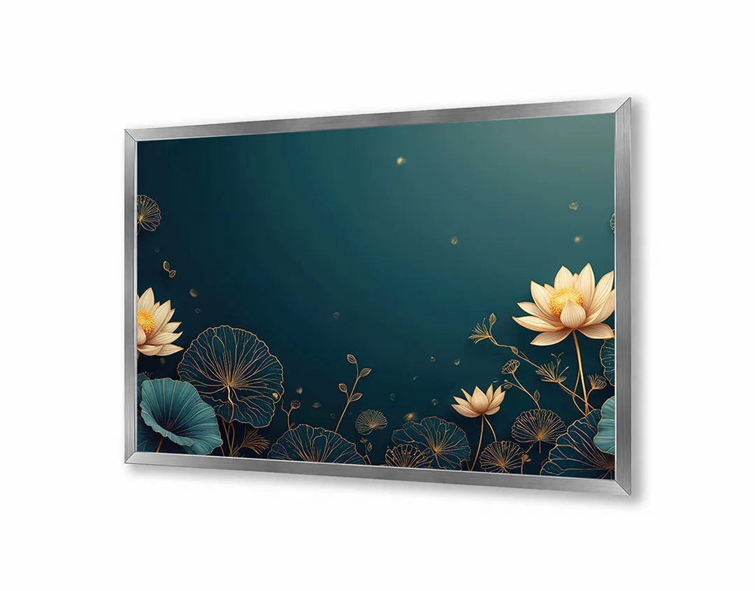 Metall Magnetboard mit hochwertigem Goldene Lotusblumen blau Design