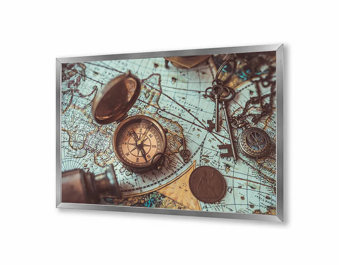 Metall Magnetboard mit hochwertigem Vintage Weltkarte Mit Alte Kompassen Design