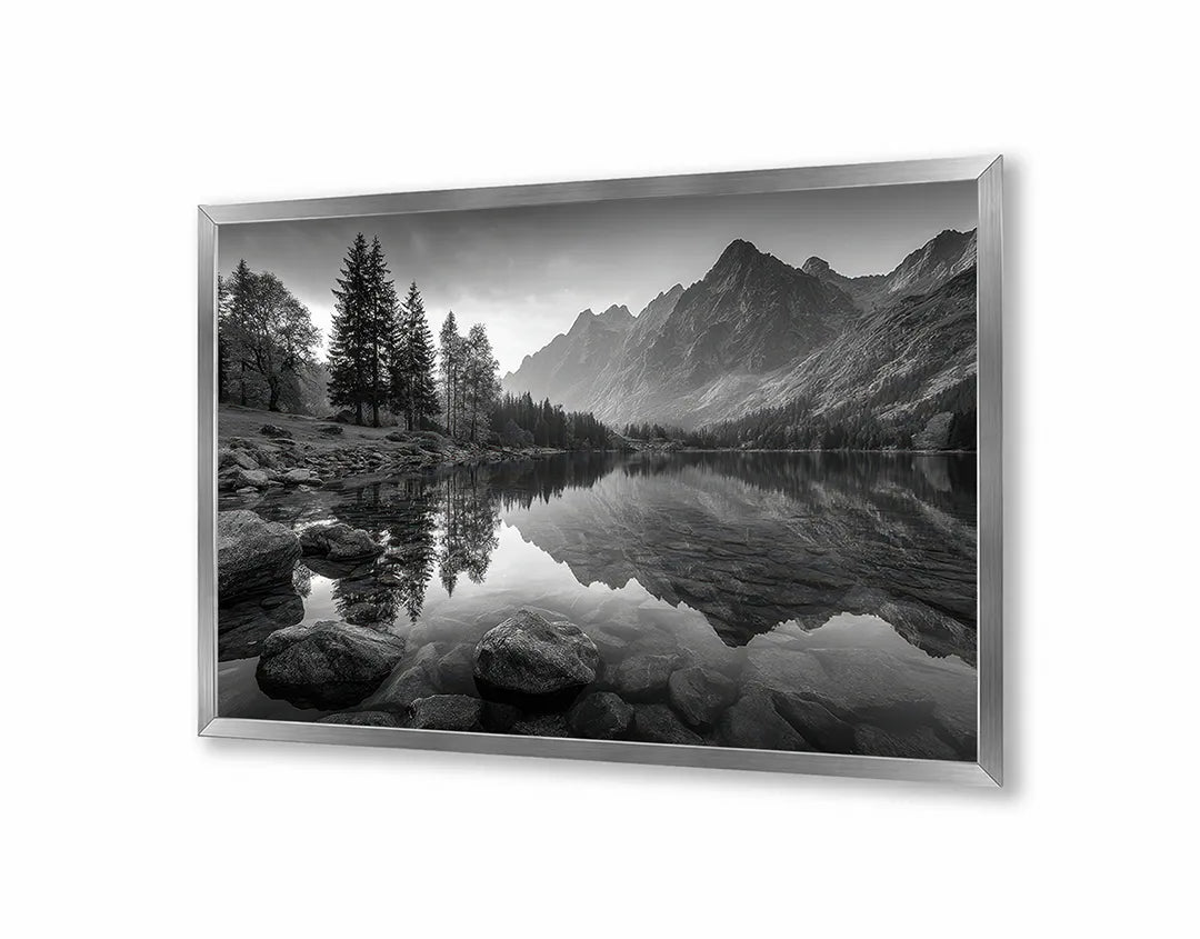 Metall Magnetboard mit hochwertigem Bergsee Spiegelung schwarz weiß Design