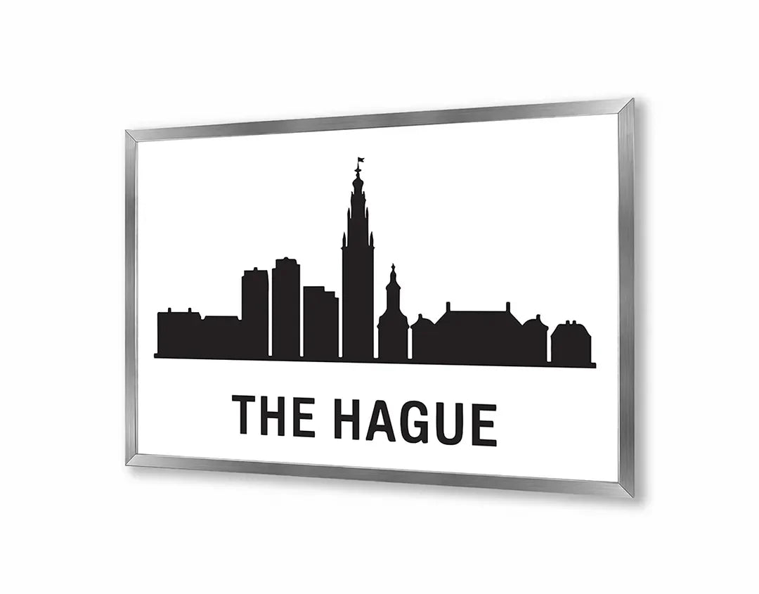 Metall Magnetboard mit hochwertigem The Hague Skyline schwarz weiß Design