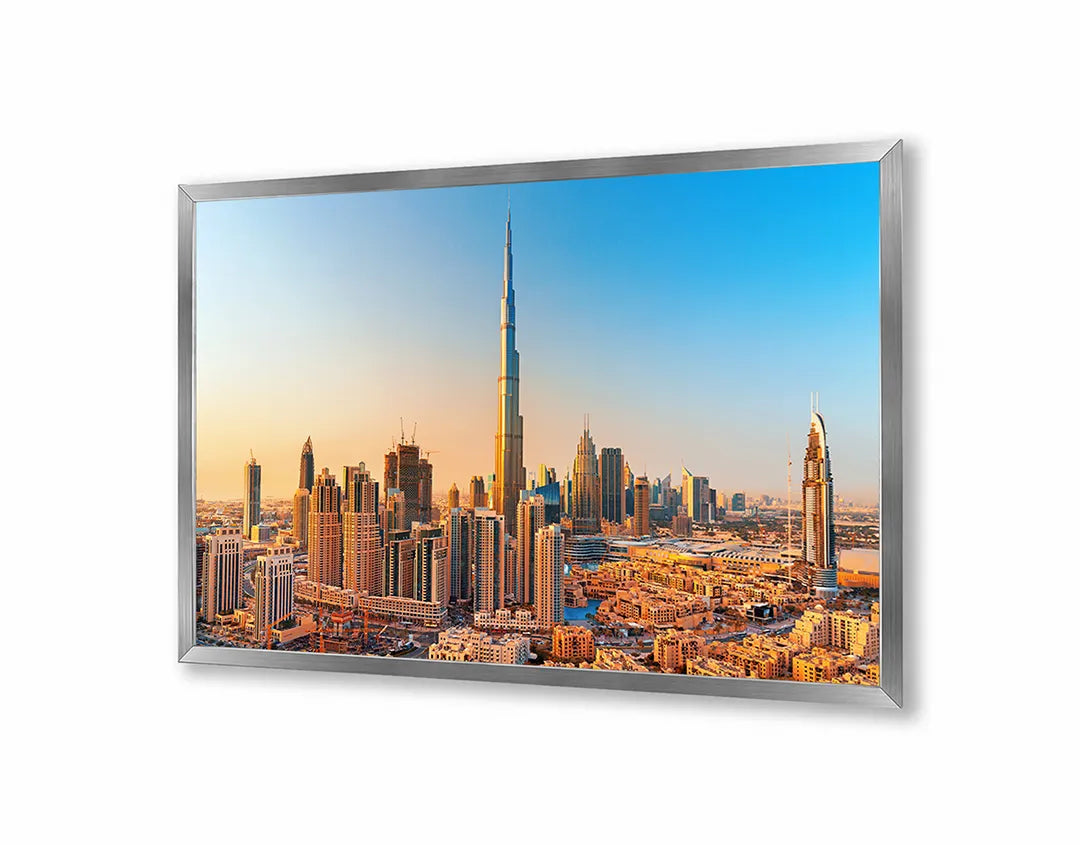 Metall Magnetboard mit hochwertigem Dubai Skyline Bei Sonnenuntergang Design