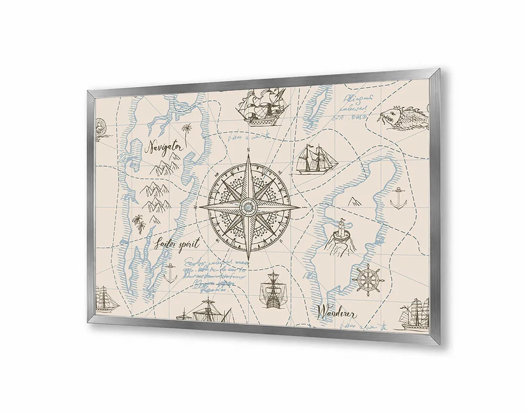 Metall Magnetboard mit hochwertigem Vintage Maritiem Kompass Mit Karte Design
