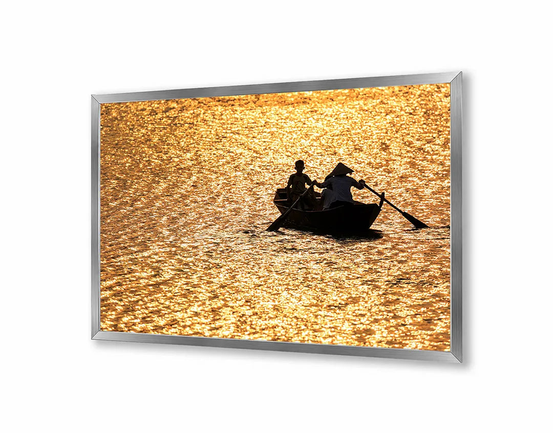 Metall Magnetboard mit hochwertigem Bootje in Goldene Sonnenuntergang Design
