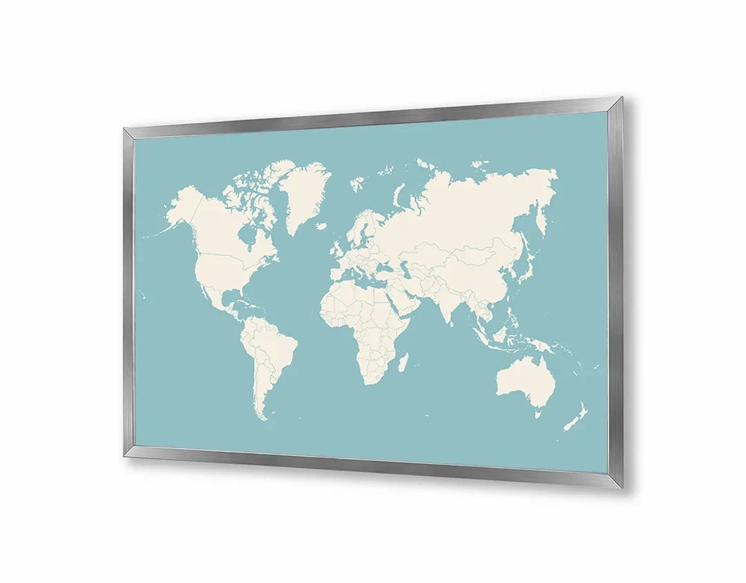 Metall Magnetboard mit hochwertigem Weltkarte Pastell blau Design