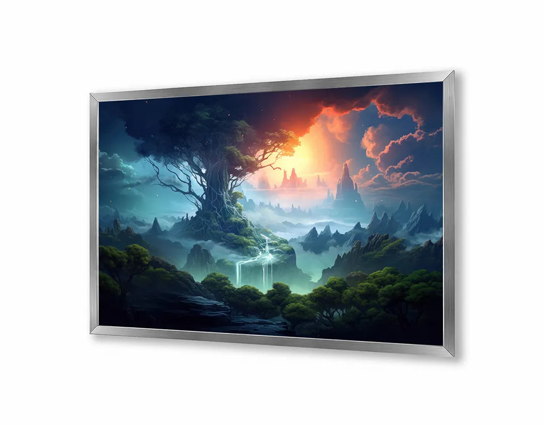 Metall Magnetboard mit hochwertigem Magisch Wald Sonnenuntergang Design