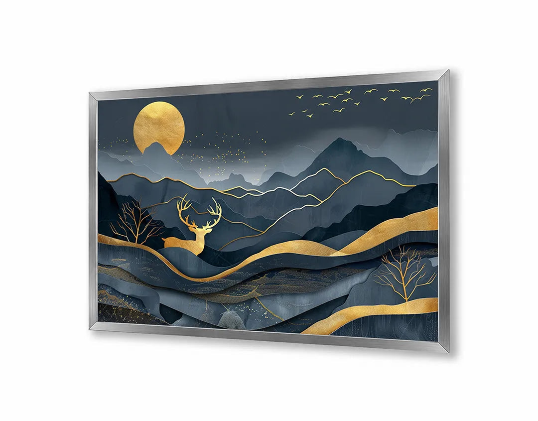Metall Magnetboard mit hochwertigem Goldene hert in Berge donkerblauw Design