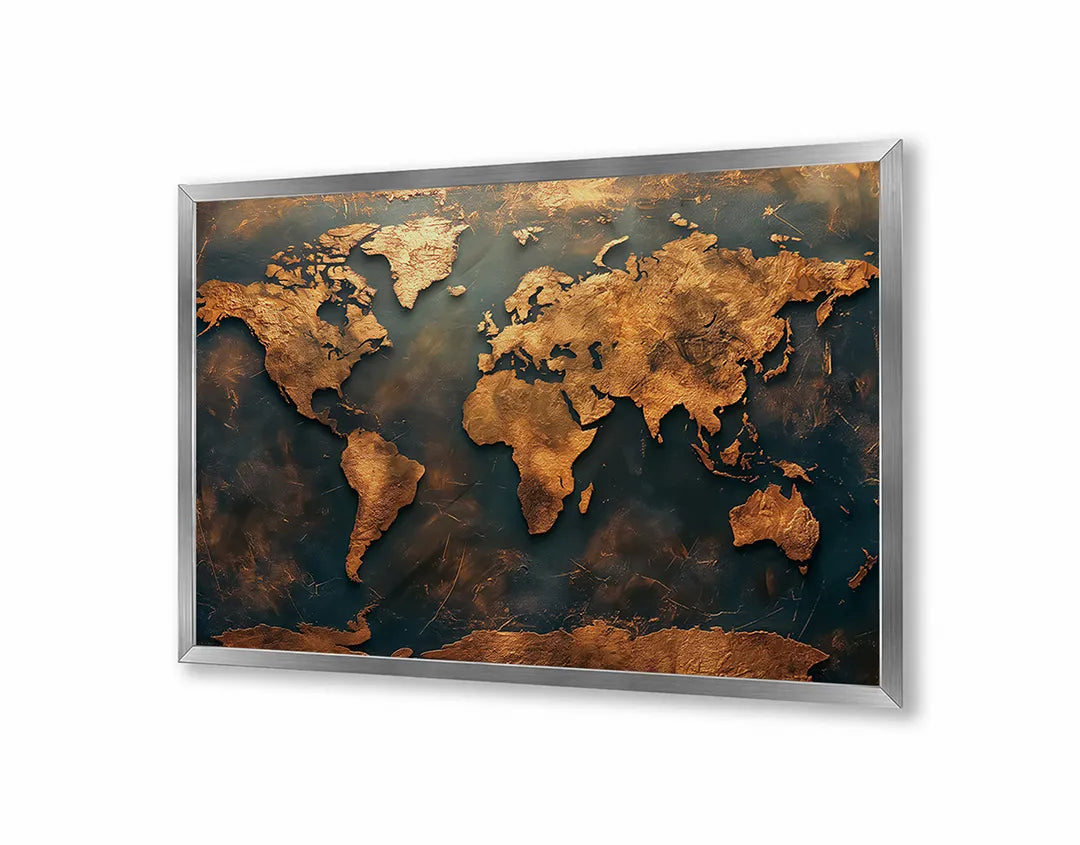 Metall Magnetboard mit hochwertigem Goldene Weltkarte Vintage Design