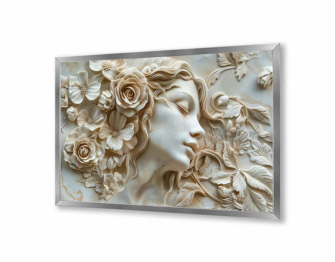 Metall Magnetboard mit hochwertigem Frauengesicht Blumen Relief weiß Design
