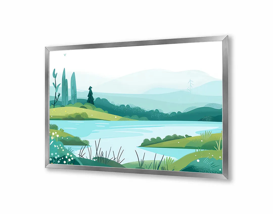 Metall Magnetboard mit hochwertigem Grün Landschaft See Illustration Design