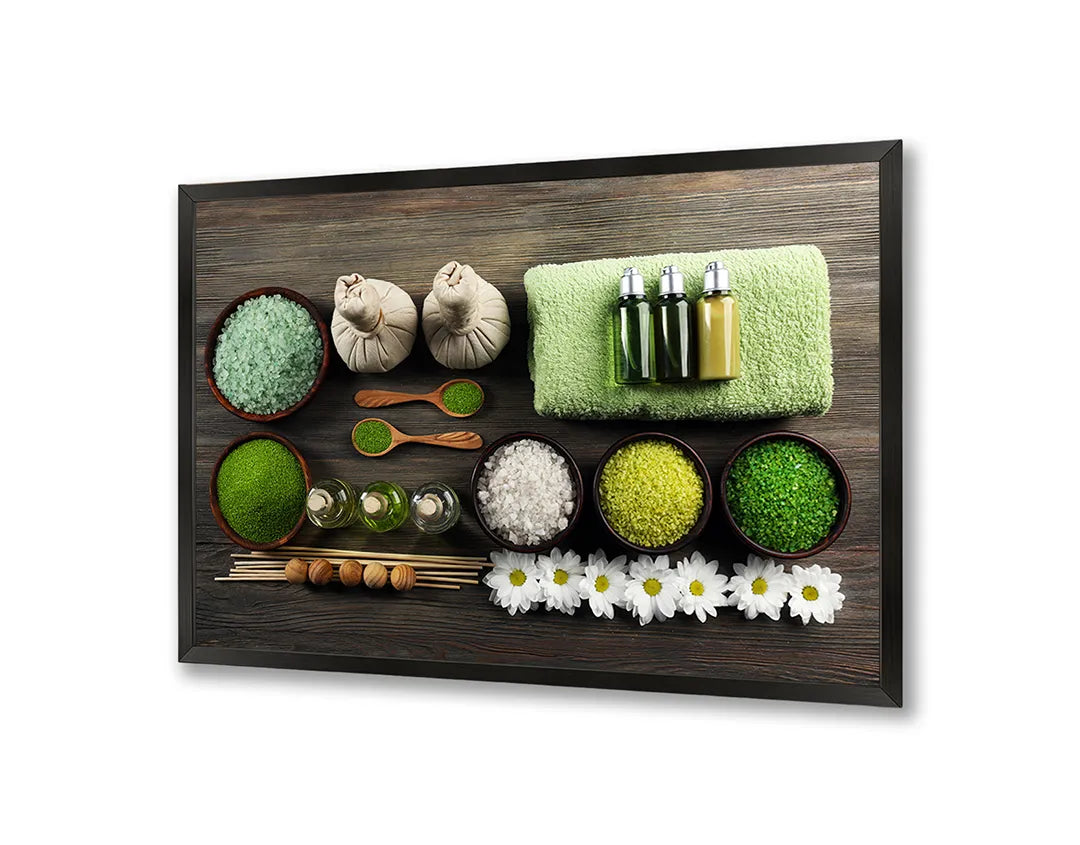 Metall Magnetboard mit hochwertigem Spa Setting Mit Grüne Handdoeken Und Zout Design