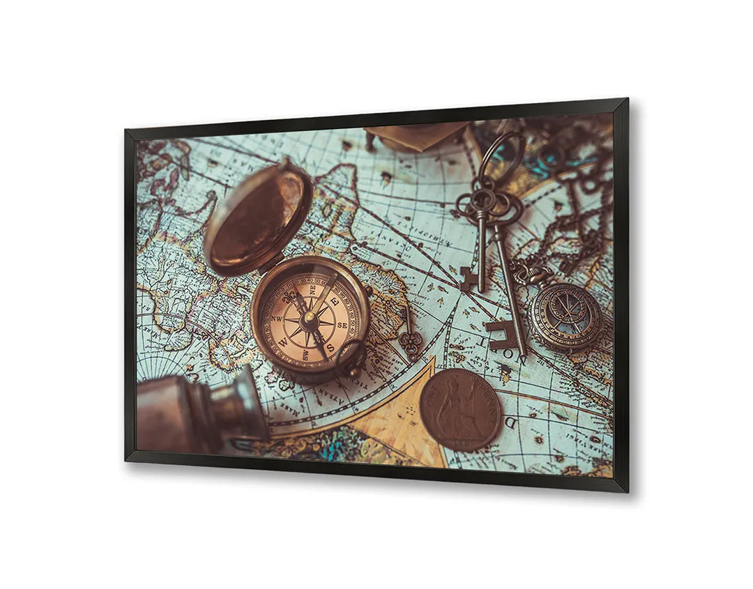 Metall Magnetboard mit hochwertigem Vintage Weltkarte Mit Alte Kompassen Design