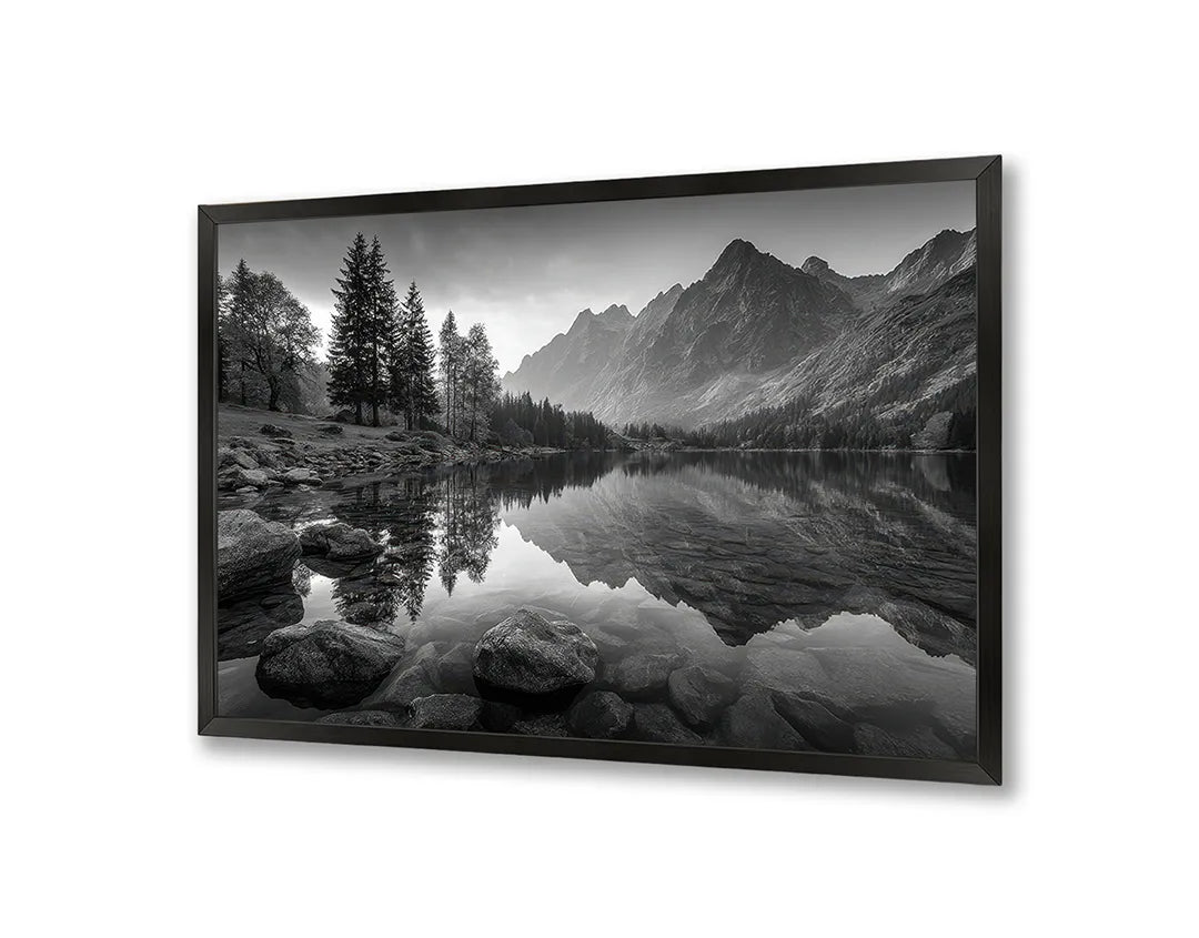 Metall Magnetboard mit hochwertigem Bergsee Spiegelung schwarz weiß Design