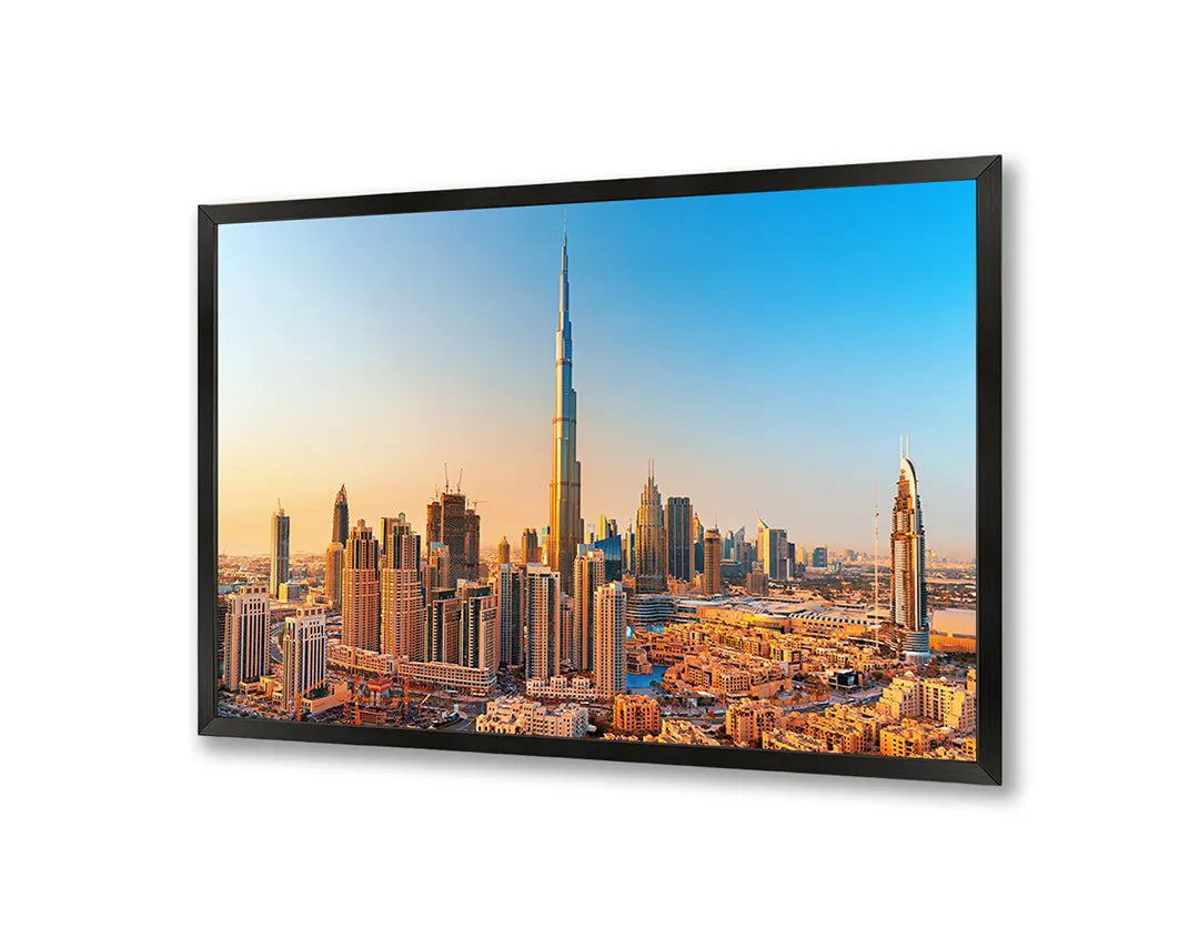 Metall Magnetboard mit hochwertigem Dubai Skyline Bei Sonnenuntergang Design