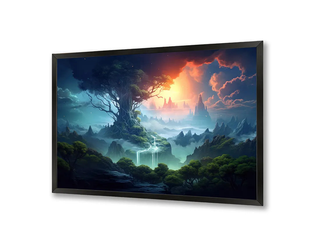 Metall Magnetboard mit hochwertigem Magisch Wald Sonnenuntergang Design