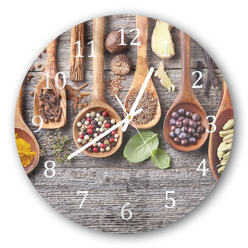 Wanduhr Rund - Holzlöffel mit Kräutern