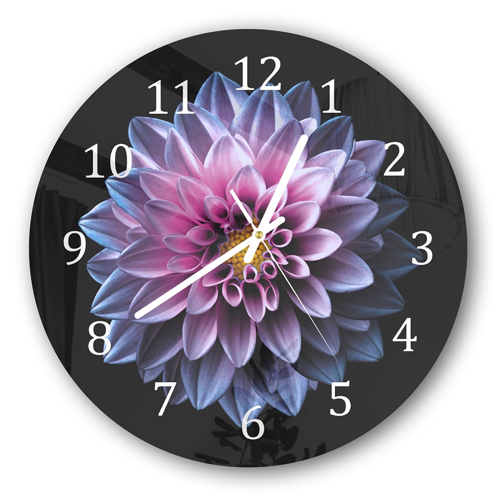 Wanduhr Rund - Blaue/Rosa Dahlie