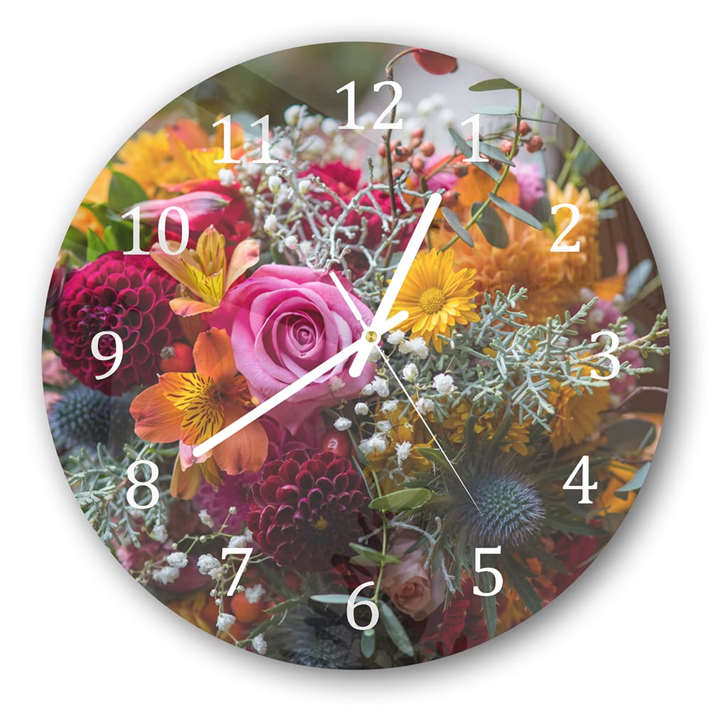 Wanduhr Rund - Bunter Blumenstrauß