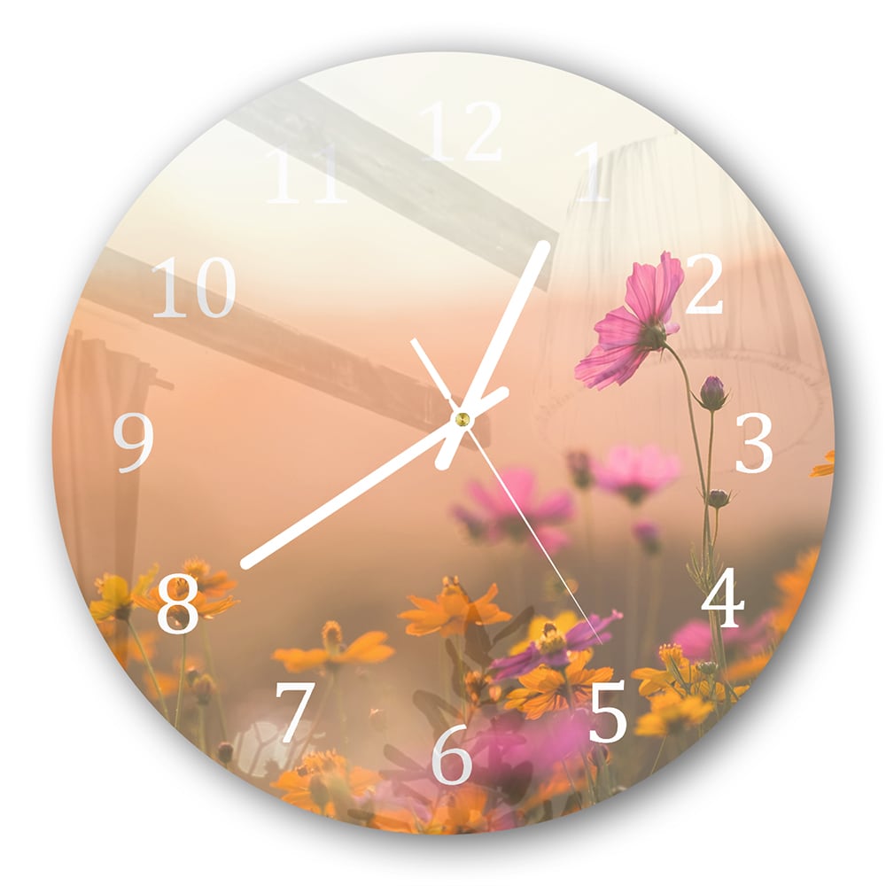 Wanduhr Rund - Bunte Blumen bei Sonnenuntergang