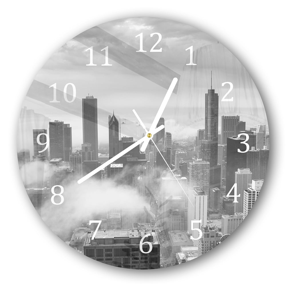 Wanduhr Rund - Chicago Skyline im Nebel