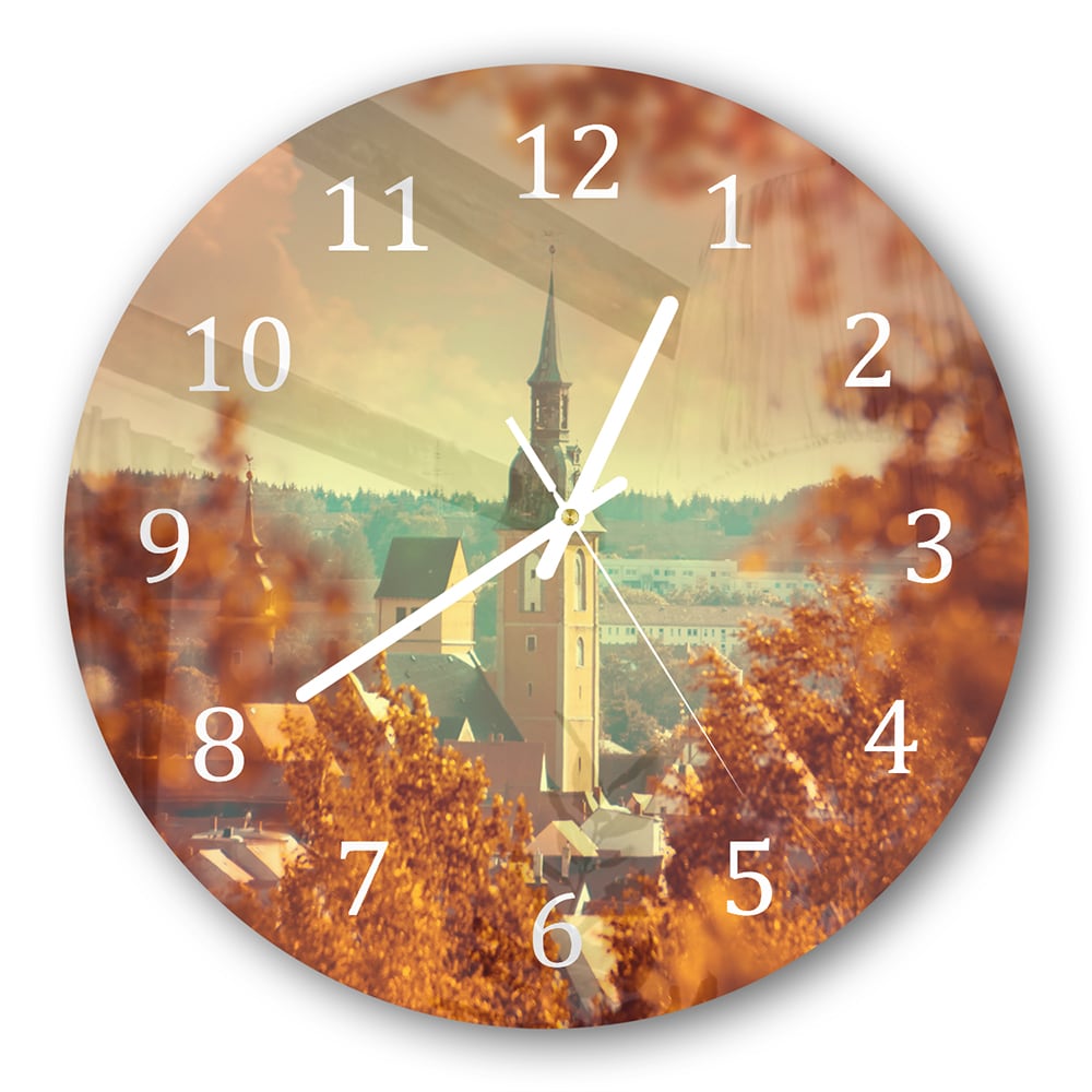 Wanduhr Rund - Kirche im Herbst