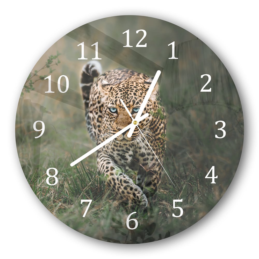 Wanduhr Rund - Leopard im Gras