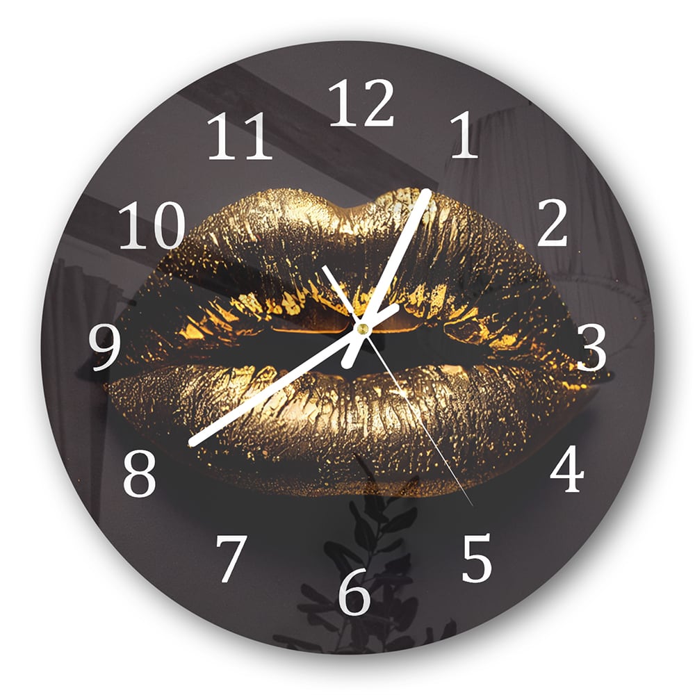 Wanduhr Rund - Goldene Lippen auf schwarzem Hintergrund