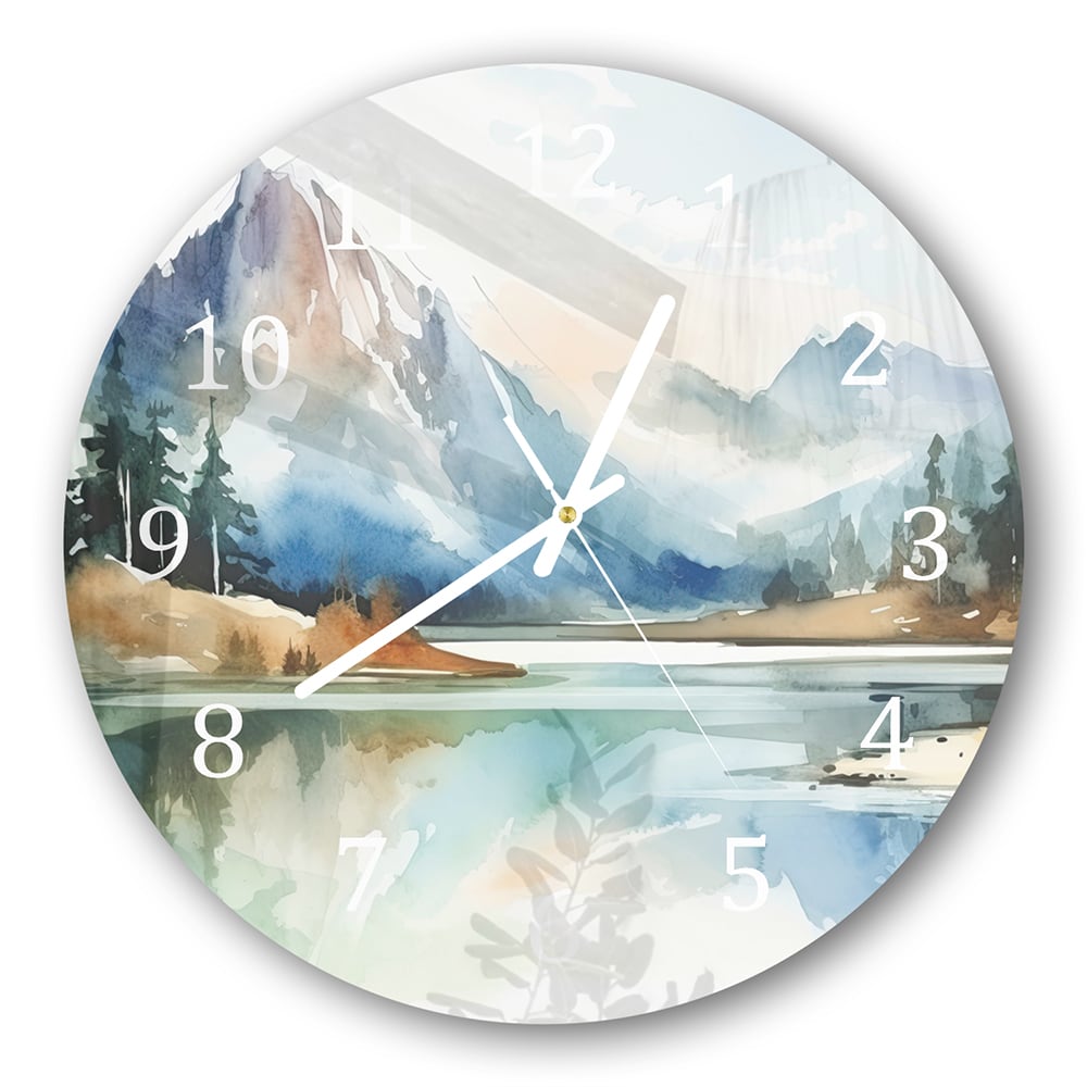 Wanduhr Rund - Aquarell-Landschaftsgemälde mit Bergen